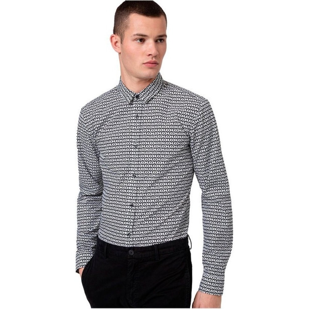 HUGO BOSS Ero3-W Extra Slim Fit Monogram Button-Up Shirt Black White Mens M